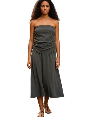 Obakki Black/Tan Tweed Strapless Ruche Layered Top A-Line Midi Dress (2)